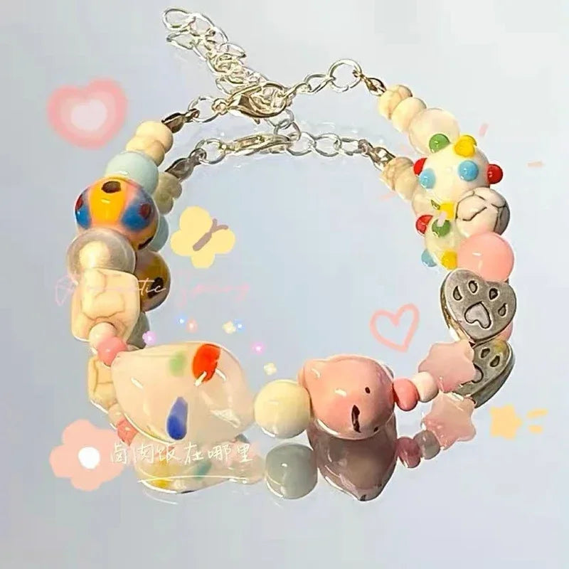 Bracelet Perles Chat Noir Cartoon Cœur Étoiles Strass – Charm Mignon Tendance Femme