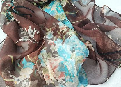 Foulard Écharpe Mousseline Georgette Femme Fleur Prune - Bandana Été Léger Respirant