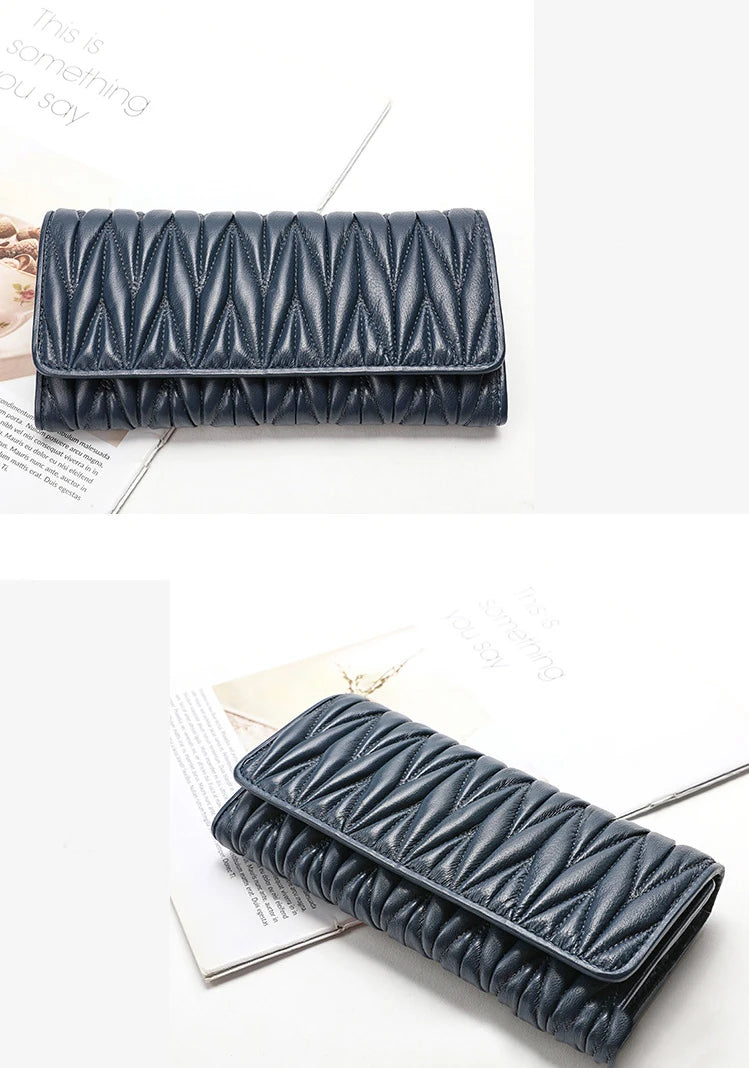 Portefeuille Femme Long Plissé Cuir Véritable - Pochette Zip Fermoir Multifonction