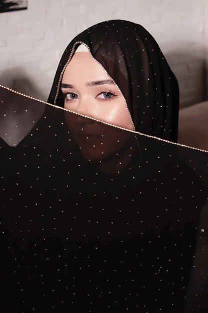 Hijab Mousseline Chaîne Strass - Voile Long Élégant Femme