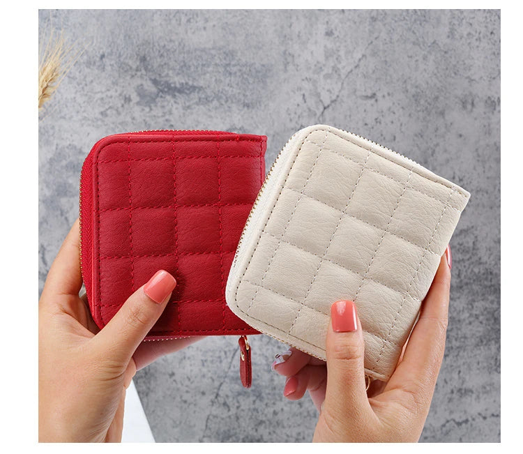 Portefeuille Court Femme Cuir PU à Carreaux - Petit Porte-Cartes Zip avec Porte-Monnaie
