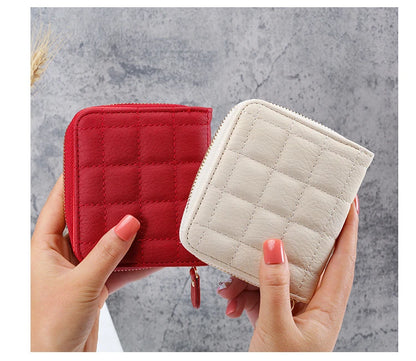 Portefeuille Court Femme Cuir PU à Carreaux - Petit Porte-Cartes Zip avec Porte-Monnaie