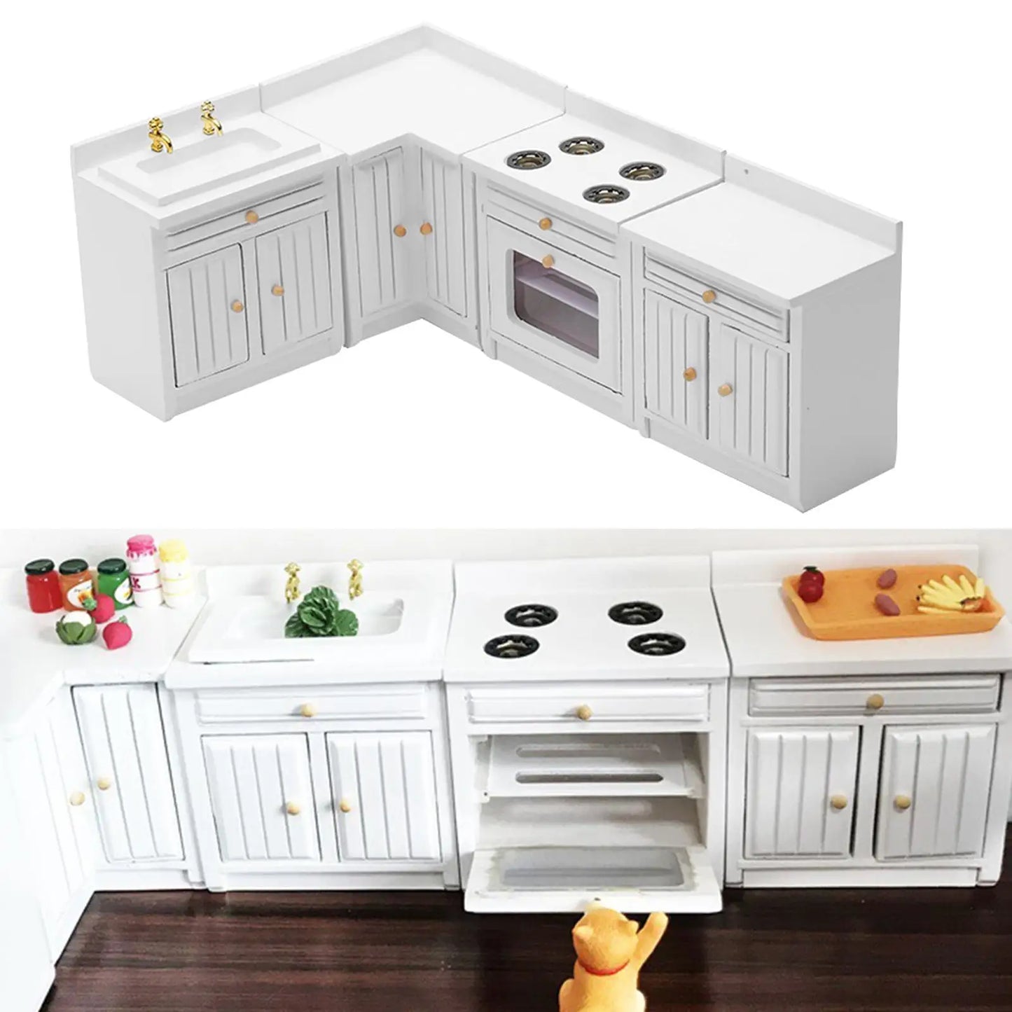 Cuisine Miniature Maison de Poupée Échelle 1:12 - Kit Complet 4 Pièces en Bois de Bouleau