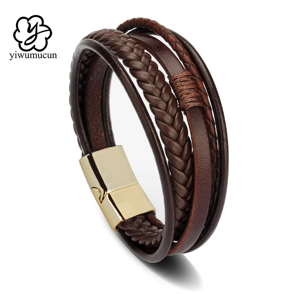 Bracelet Cuir Multicouche Tressé Homme – Acier Inoxydable 21 cm 14 Coloris Cadeau
