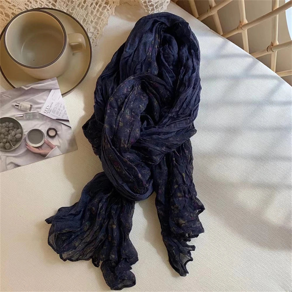 Foulard Écharpe Patchwork Coton Lin Vintage Femme - Châle Carré Floral Plissé Hiver