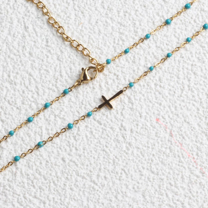 Collier Choker Bohème Croix Émaillé – Acier Inoxydable Plaqué Or Femme