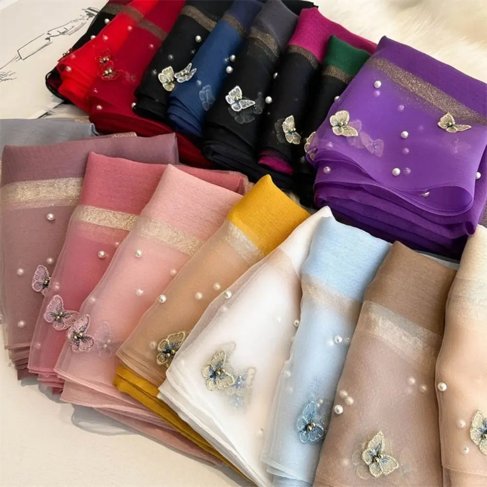 Foulard Soie Broderie Papillon Femme - Écharpe Châle Hijab Luxe Léger Élégant