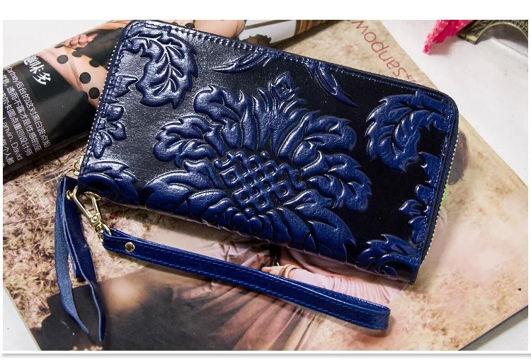 Portefeuille Femme Cuir Véritable Vintage Floral - Grande Capacité Clutch Pochette en Cuir de Vache