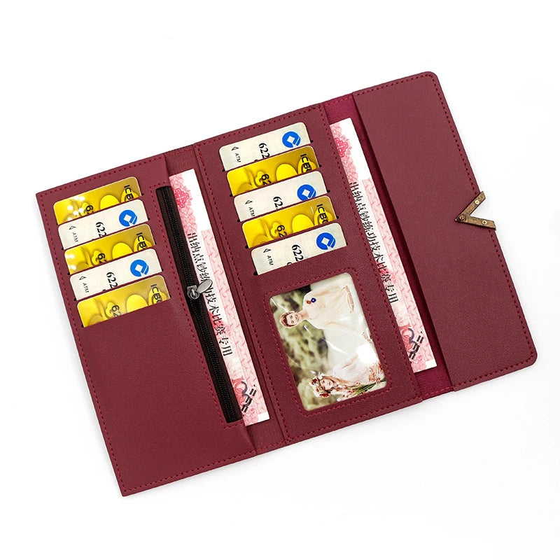 Portefeuille Femme Long Cuir PU Trifold Rose - Porte-Carte Multi-Emplacements Clutch Bag Fashion Simple