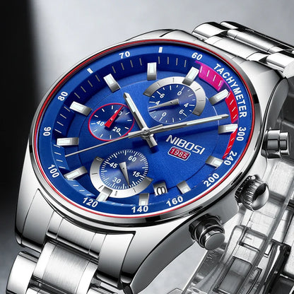 Montre Homme Luxe NIBOSI Chronographe Étanche 50M - Quartz Bleue Sport Élégante 2026