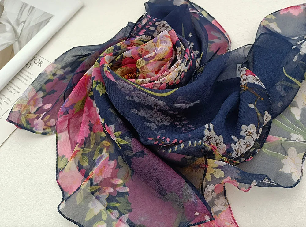 Foulard Écharpe Mousseline Georgette Femme Fleur Prune - Bandana Été Léger Respirant
