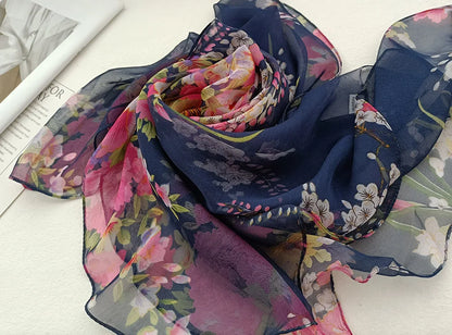 Foulard Écharpe Mousseline Georgette Femme Fleur Prune - Bandana Été Léger Respirant