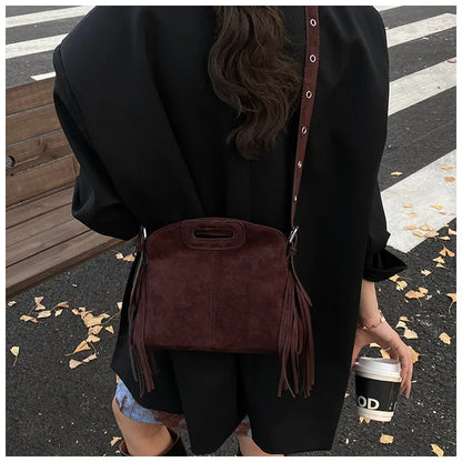 Sac à Main Femme Daim Vintage Style Français - Sac Bandoulière Épaule Glands Café