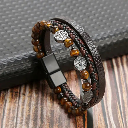Bracelet en Cuir Tissé Main Multi-Couches pour Homme - Combinaison Classique Punk
