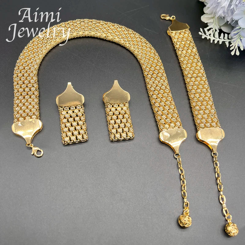 Parure Africaine Dubai Plaqué Or 18k - Collier Chaînes Larges, Boucles et Bracelet