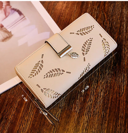Portefeuille Long Femme Cuir PU Feuilles Dorées - Clutch Porte-Cartes Monnaie Élégant