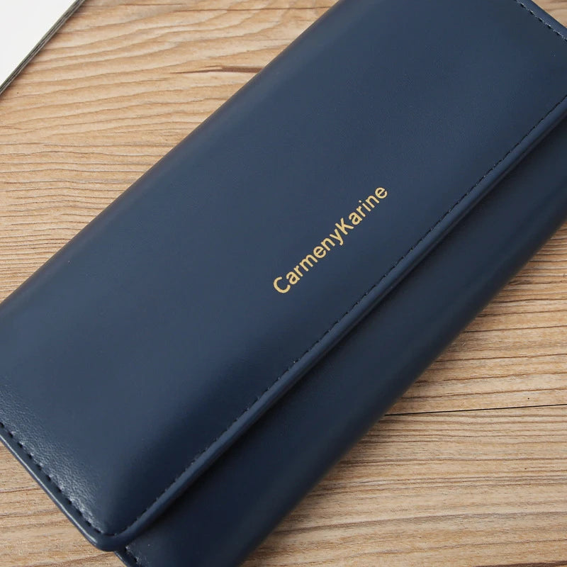Portefeuille Femme Long Cuir PU Bleu Marine - Porte-Cartes Multifonction Pliable Clutch