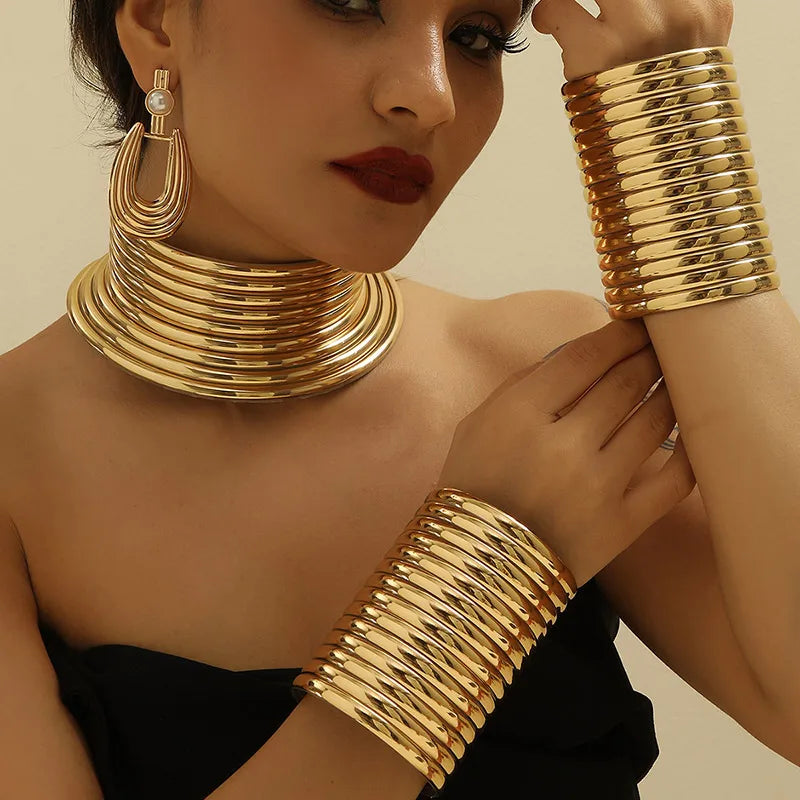 Parure Bijoux Africaine Cuir Vintage 5 Pièces – Collier Choker Bracelet Boucles