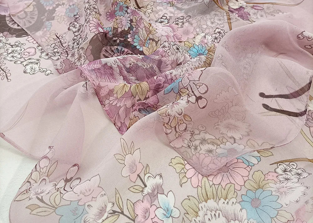 Foulard Écharpe Mousseline Georgette Femme Fleur Prune - Bandana Été Léger Respirant