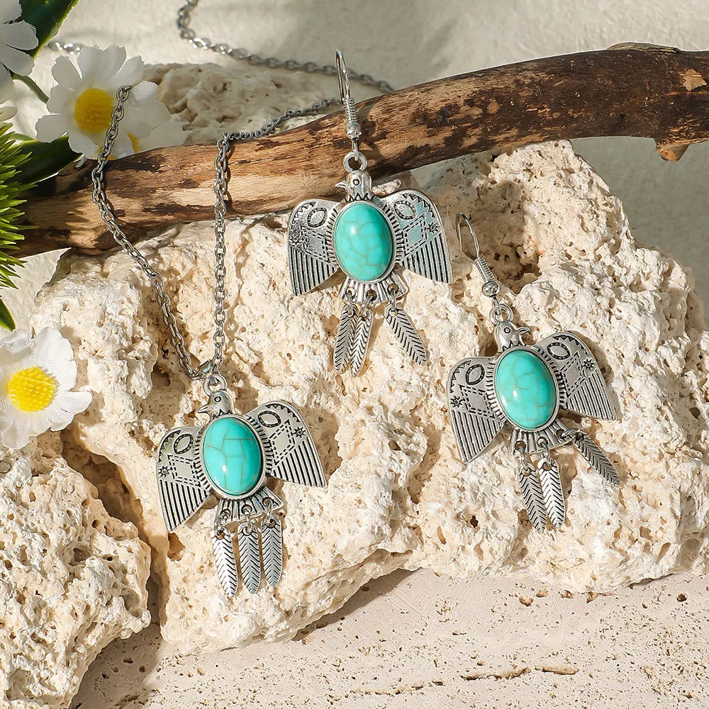 Ensemble Bijoux Bohème Turquoise Oiseaux – Boucles Pendantes Argent Antique