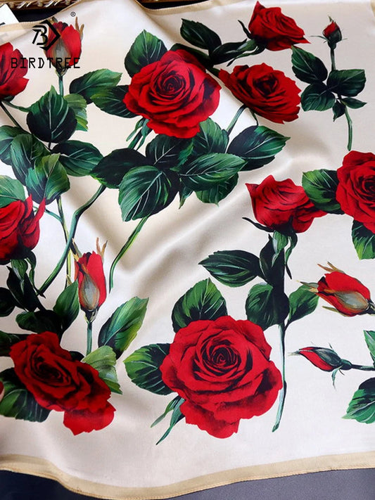 68cm Silk Square Scarf with Floral Print - Elegant Women's Bandana