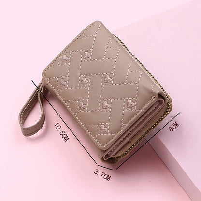 Portefeuille Femme Tri-Fold Cuir PU Brodé - Porte-Cartes Court Motif Cœur Minimaliste