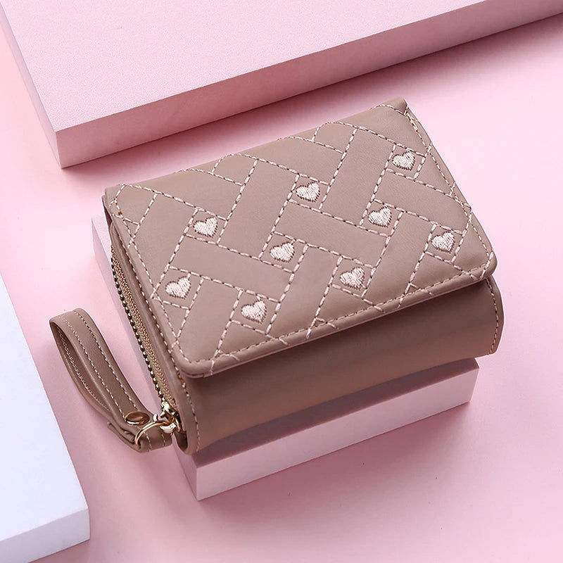 Portefeuille Femme Court Trifold Cuir PU Broderie Amour - Porte-Carte Multi-Poches Fashion Minimaliste Noir