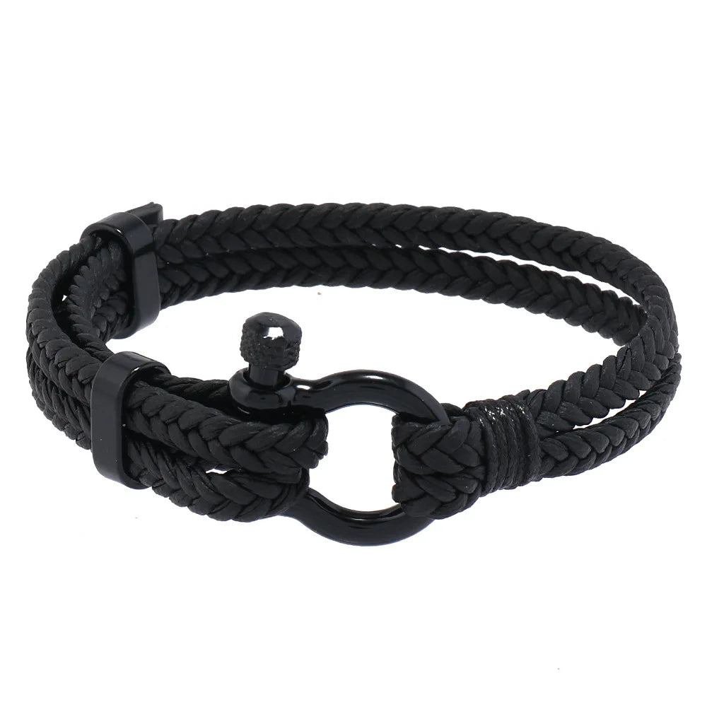 Bracelet en Cuir Tressé Noir pour Homme - Boucle Fer à Cheval Ajustable