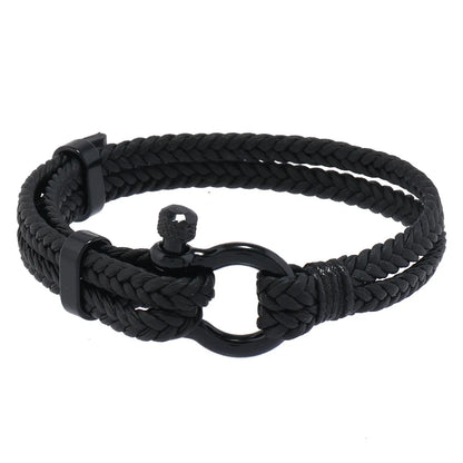 Bracelet en Cuir Tressé Noir pour Homme - Boucle Fer à Cheval Ajustable