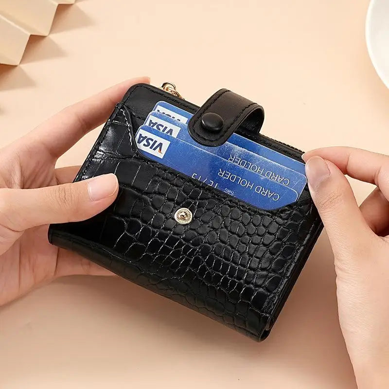 Portefeuille Femme Court Cuir PU Imprimé Crocodile Zippé - Porte-Carte Multi-Emplacements Imperméable Kaki