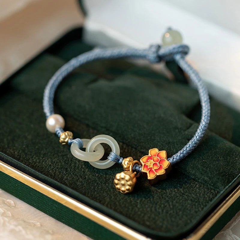 Bracelet Tressé Ethnique Lotus Jade Perle – Ajustable Fleur Femme