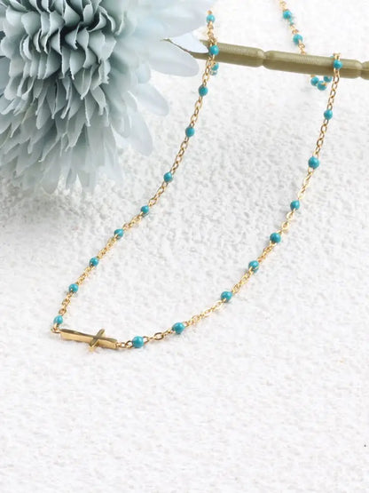 Collier Choker Bohème Croix Émaillé – Acier Inoxydable Plaqué Or Femme