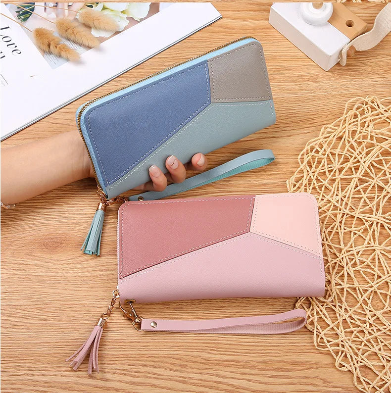 Portefeuille Femme Long Zippé Cuir PU Bleu - Porte-Monnaie Fashion Porte-Carte Billfold Handbag