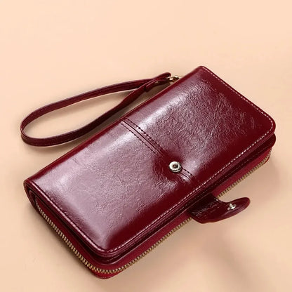 Portefeuille Clutch Femme Cuir PU Vintage - Grande Capacité Téléphone Bracelet Porte-Cartes Rouge Vin