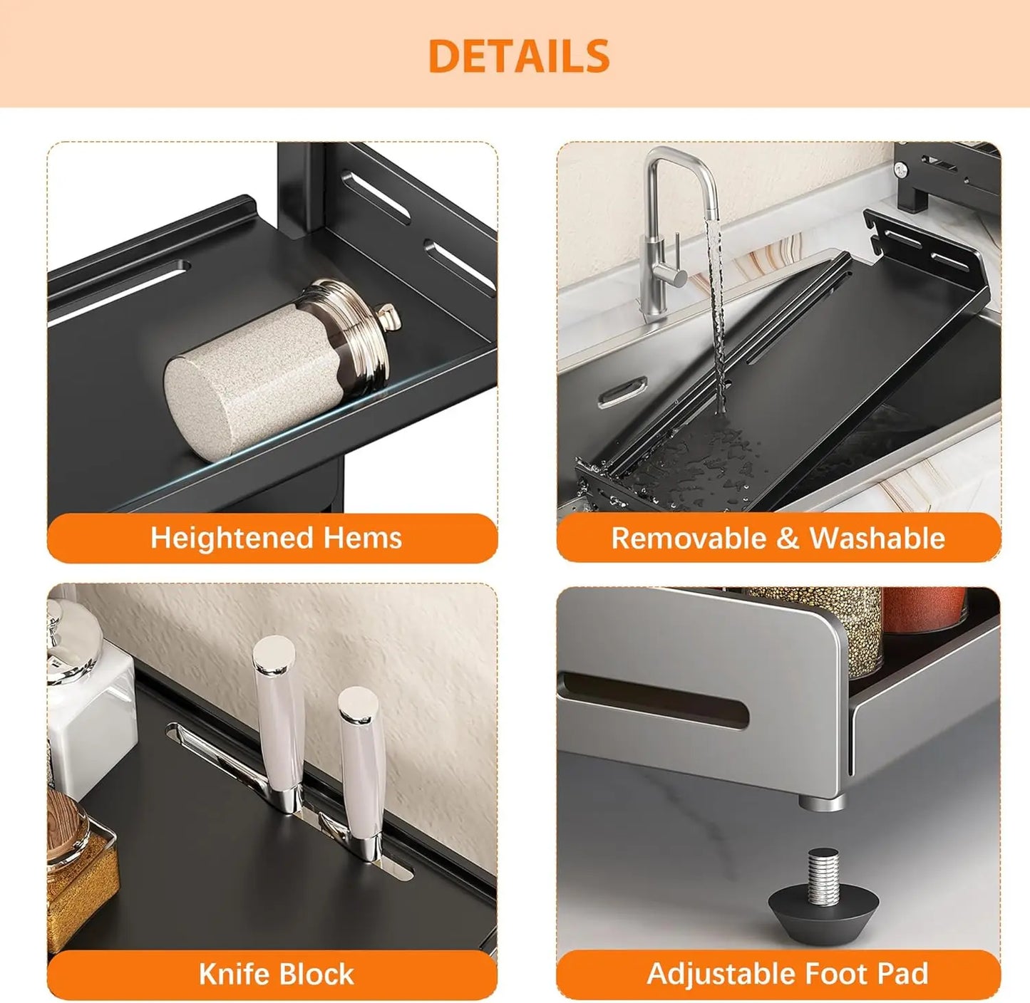 Porte-Épices 3 Niveaux en Métal avec Porte-Couteaux - Organisateur de Comptoir Ajustable Noir