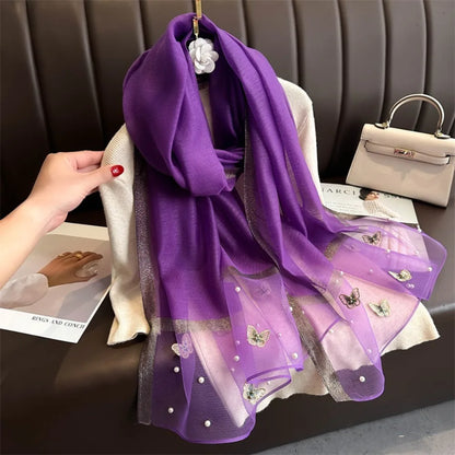 Foulard Soie Broderie Papillon Femme - Écharpe Châle Hijab Luxe Léger Élégant