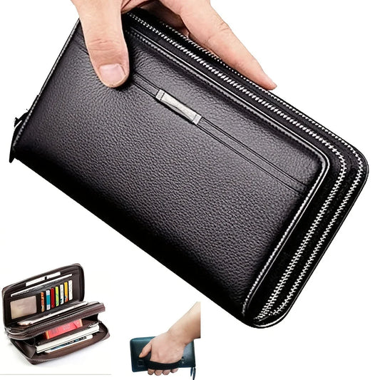 Men's Long Leather Clutch Business Wallet - Large Capacity Card and Phone Holder