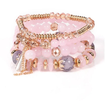 Set de 4 Bracelets Bohèmes Perles Verre Colorées - Pompons et Charms