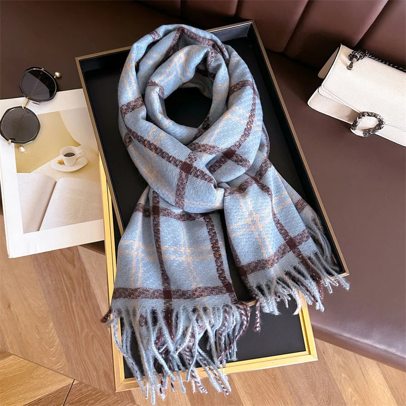 Women's Cashmere Scarf - Warm Checkered Shawl for Winter