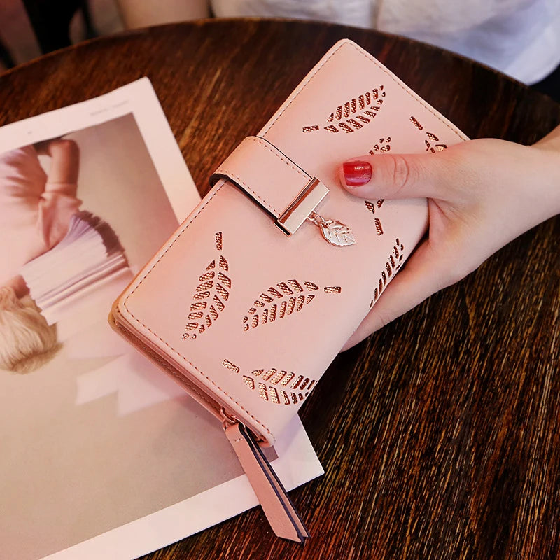 Portefeuille Long Femme Cuir PU Feuilles Dorées - Clutch Porte-Cartes Monnaie Élégant