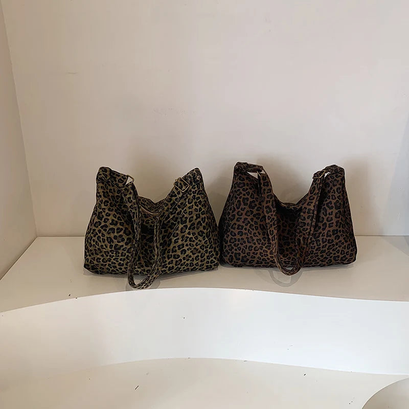 Sac Bandoulière Femme Textile Souple Imprimé Léopard - Sac Épaule Rétro Grande Capacité Casual