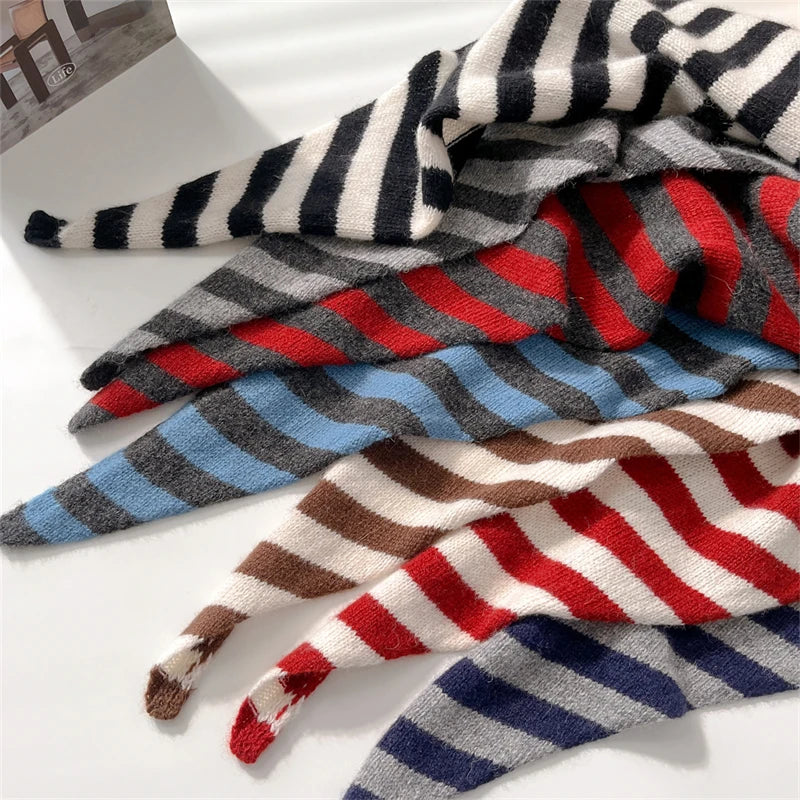 Foulard Triangle Laine 100% Femme - Écharpe Tricotée Rayures Style Britannique Coréen