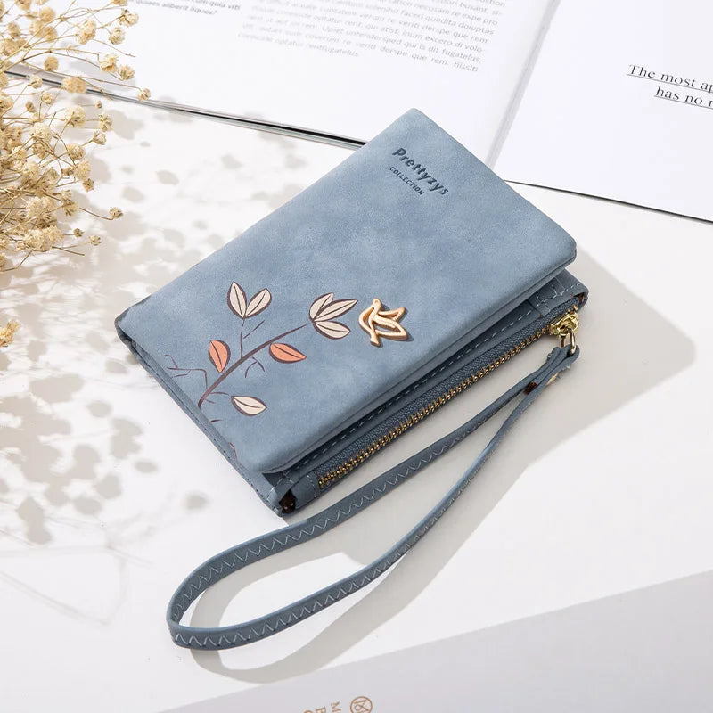 Portefeuille Court Femme Cuir Souple Motif Fleur - Petit Porte-Monnaie avec Bracelet