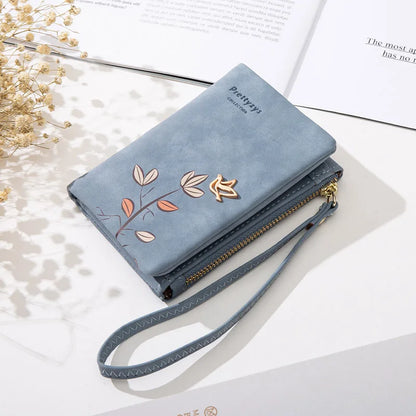 Portefeuille Court Femme Cuir Souple Motif Fleur - Petit Porte-Monnaie avec Bracelet