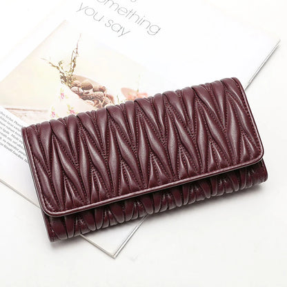 Portefeuille Femme Long Plissé Cuir Véritable - Pochette Zip Fermoir Multifonction