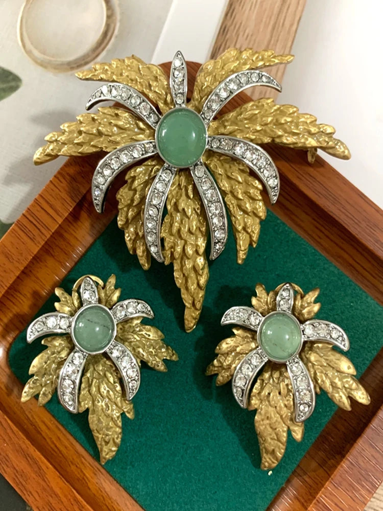 Parure Plume Luxe Vintage - Broche et Boucles Design Raffiné Plaqué Platine