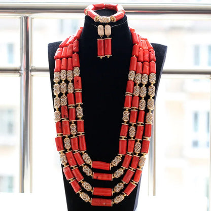 Parure Luxe Corail Nigérian 4 Couches – Ensemble Mariée Statement