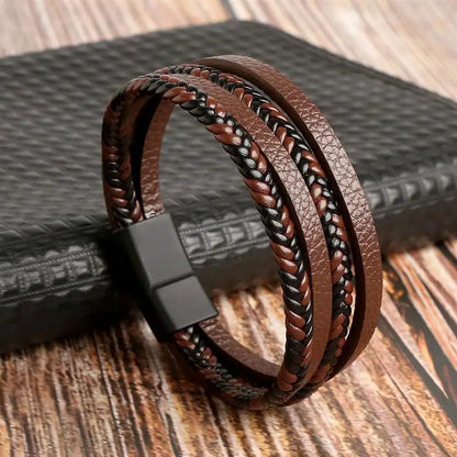 Bracelet en Cuir Tissé Main Multi-Couches pour Homme - Combinaison Classique Punk