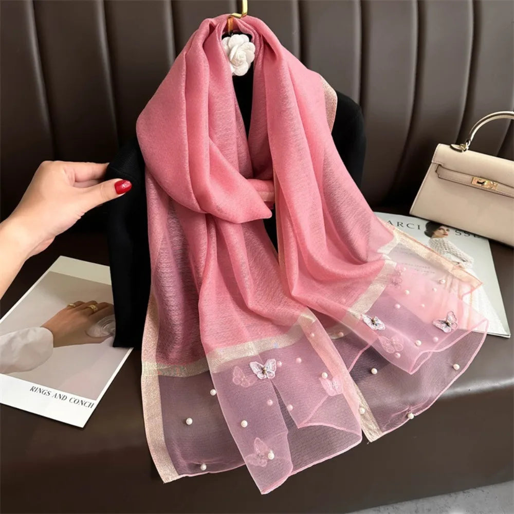 Foulard Soie Broderie Papillon Femme - Écharpe Châle Hijab Luxe Léger Élégant