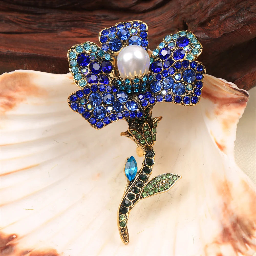 Broche Roses Bleues Baroque Luxueuse – Pin's Fleurs Élégant Unisexe Mariage